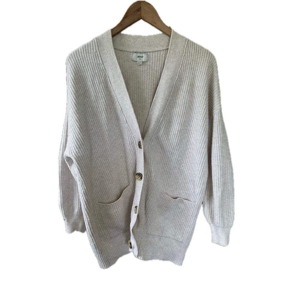 Aerie Chunky Tight Knit Fisherman's Rib Stitch Button Down Pockets Cardigan S